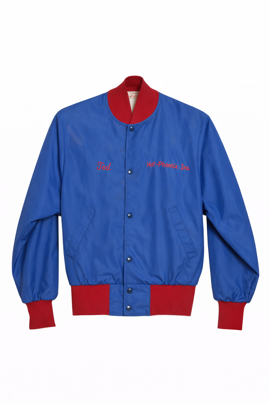 Vintage Blue Satin Snap Bomber Jacket w/ Red Knit Trim (Embroidered)