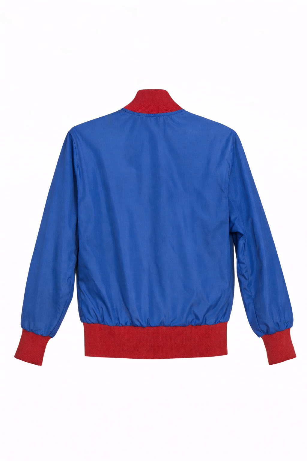 Vintage Blue Satin Snap Bomber Jacket w/ Red Knit Trim (Embroidered)