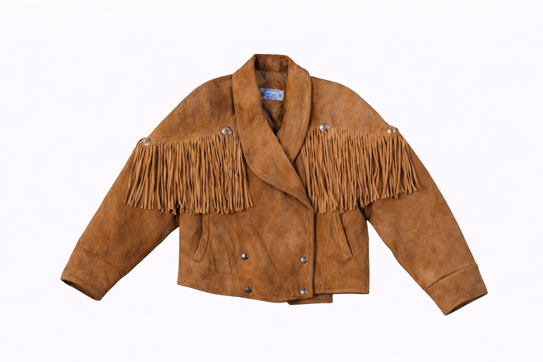 1980s Vintage “Sky Blue Waters” Suede Fringe Jacket