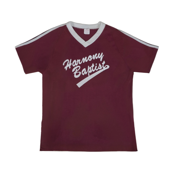 Maroon t-shirt with 'Harmony Baptist' text on a light gray background