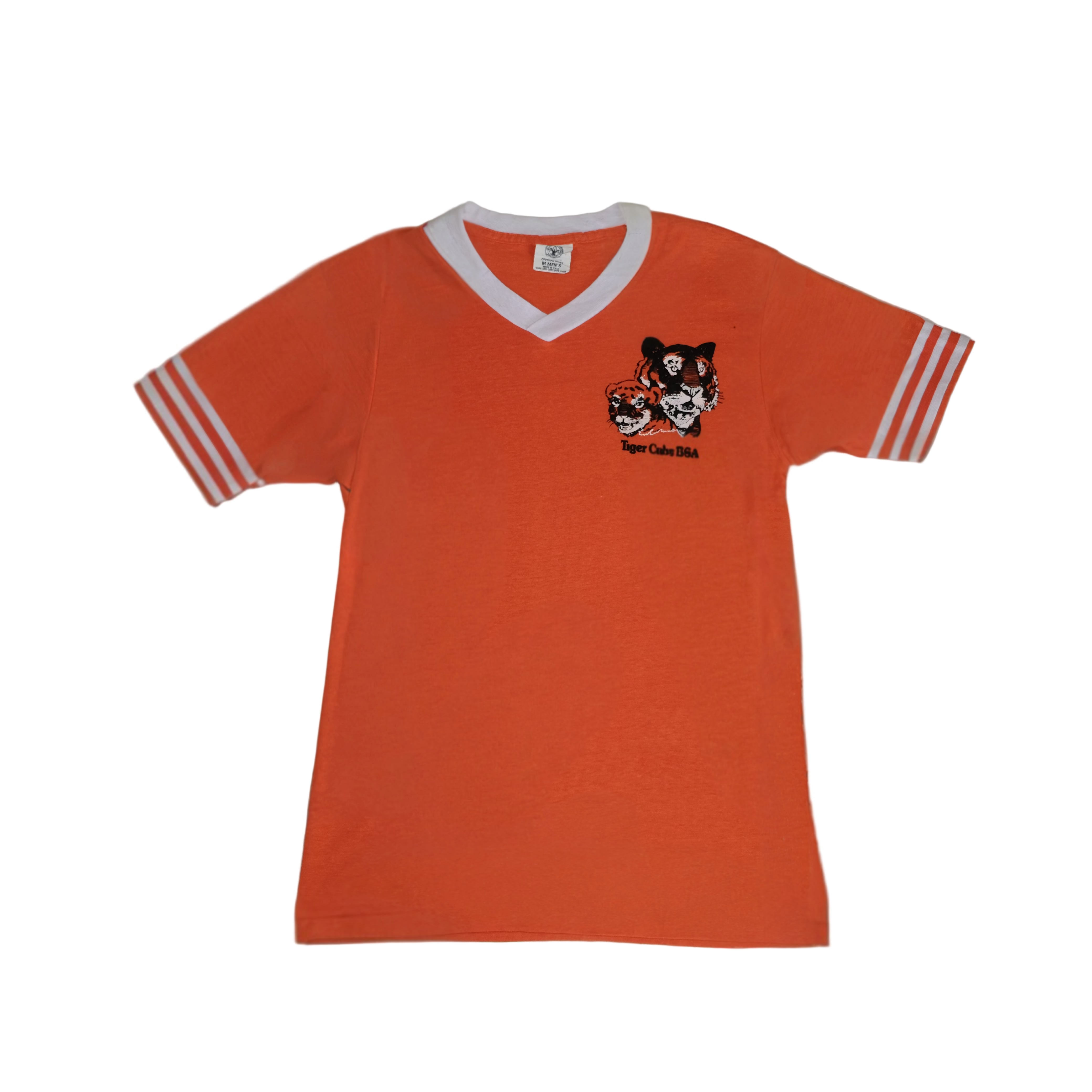 Orange t-shirt with white stripes and a logo on a light gray background