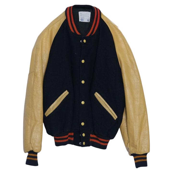 Vintage Leather Sleeve Varsity Jacket Midnight Navy Wool Body w/ Tan Leather Sleeves