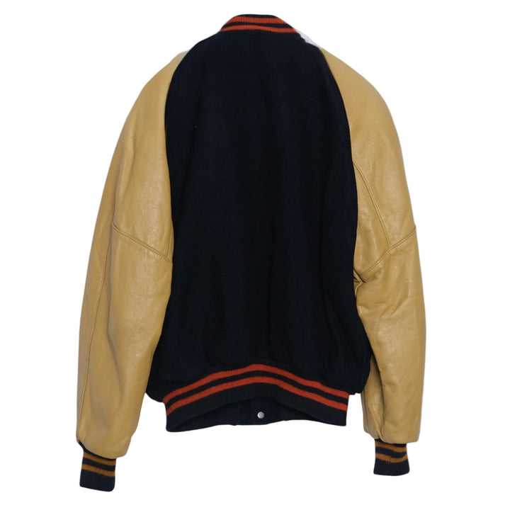 Vintage Leather Sleeve Varsity Jacket Midnight Navy Wool Body w/ Tan Leather Sleeves