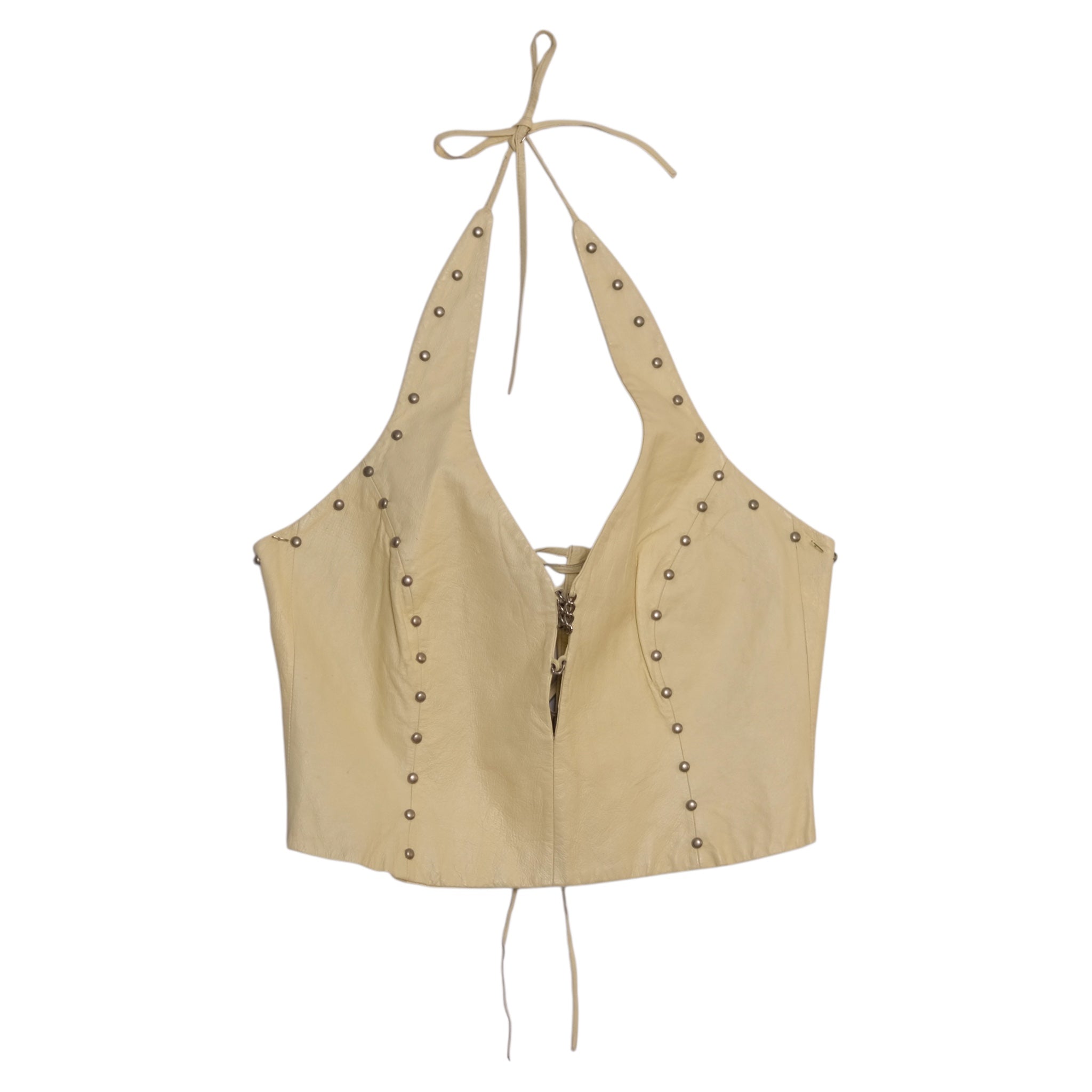 Vintage The Leather Gallery Cream Studded Leather Halter Top Adjustable Lace-Up Back