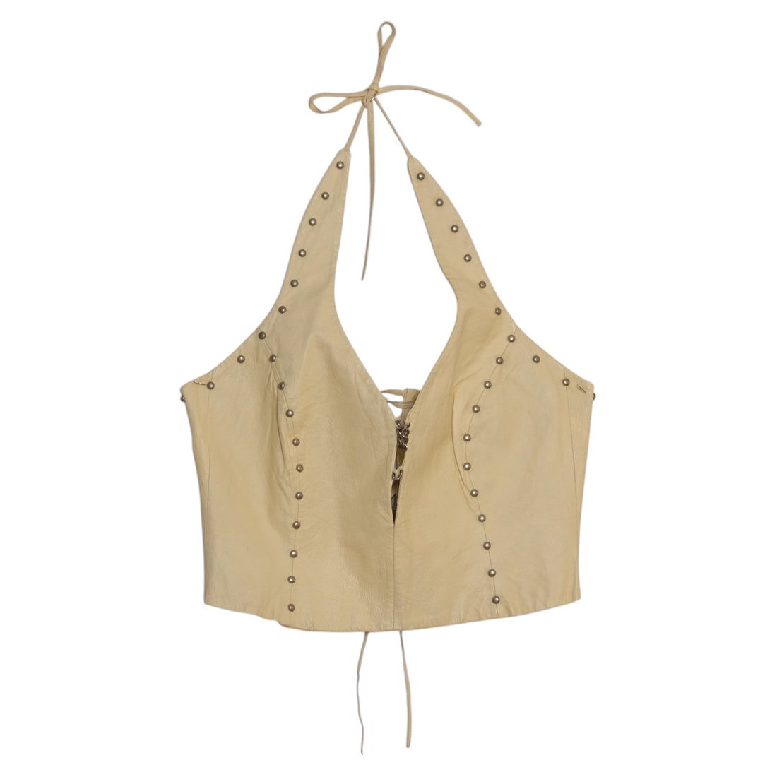 Vintage The Leather Gallery Cream Studded Leather Halter Top Adjustable Lace-Up Back