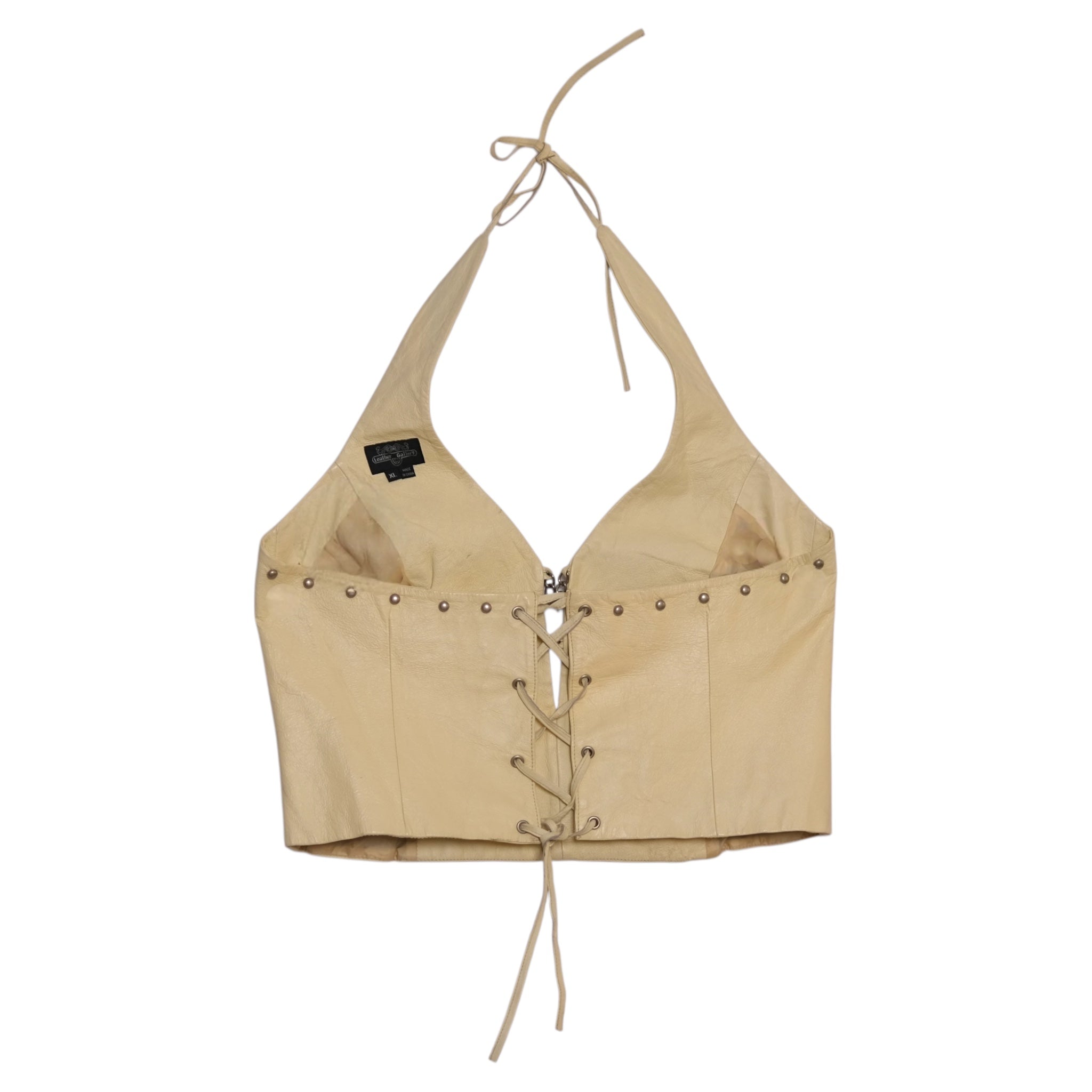 Vintage The Leather Gallery Cream Studded Leather Halter Top Adjustable Lace-Up Back
