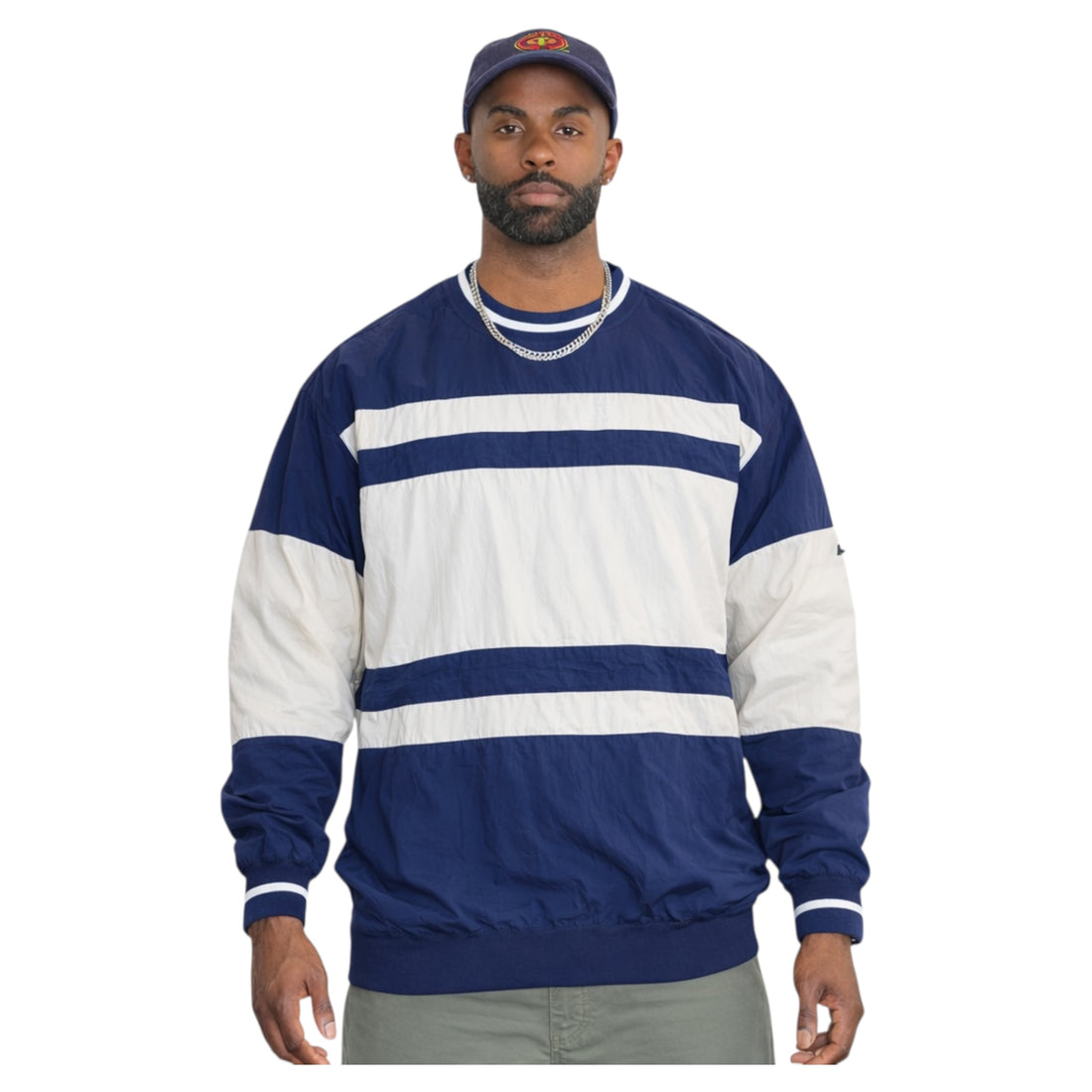 Vintage 1990s Navy & White Striped Nylon Pullover Crewneck Windbreaker  L