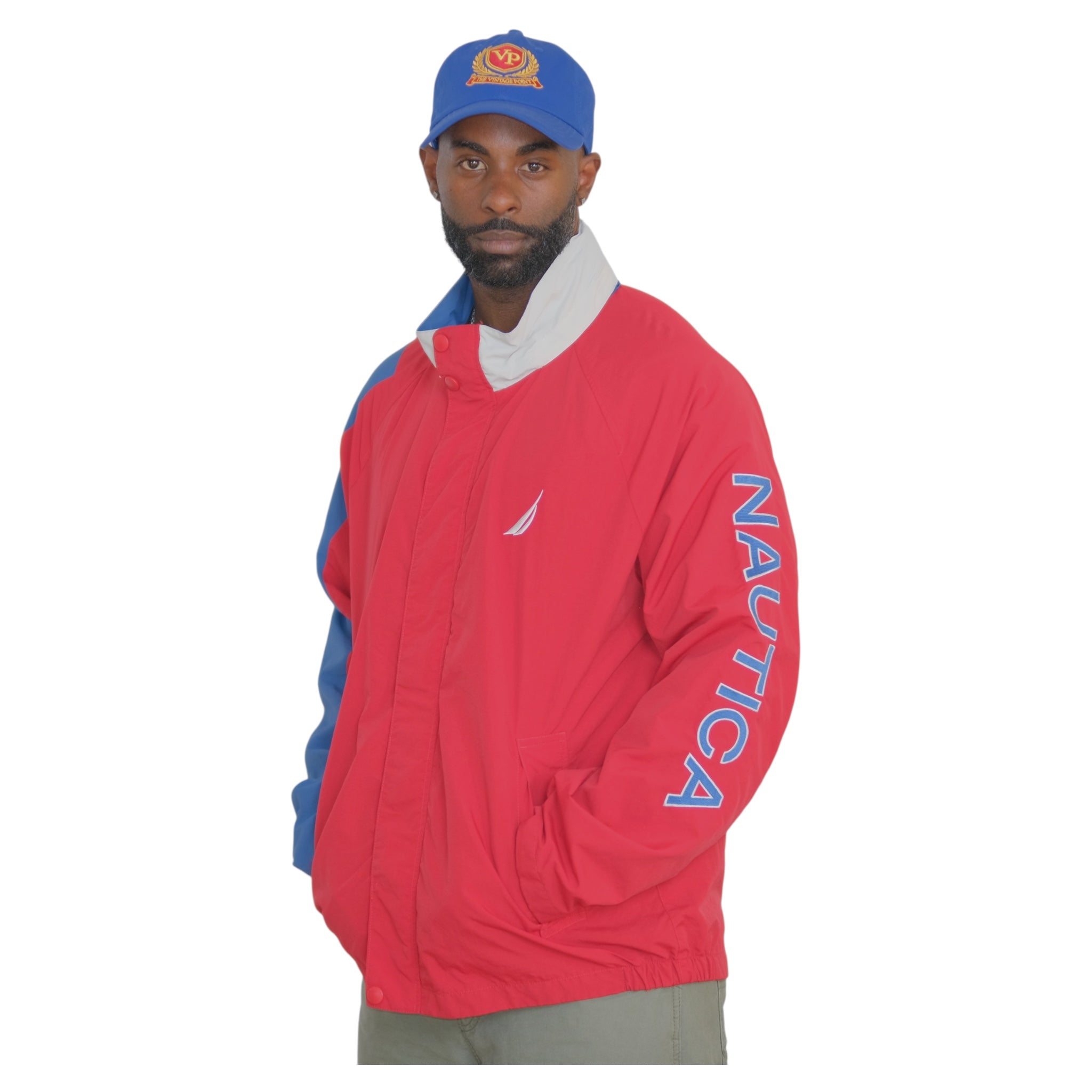 NAUTICA - ビッグサイズ 90s ノーティカ NAUTICA コットンダック マウンテンパーカー L/レッド サンプリングモデル ストリート【2400013861915】 Nautica Vintage Jacket w/ Sleeve Logo Oversized Fit (Red/Blue