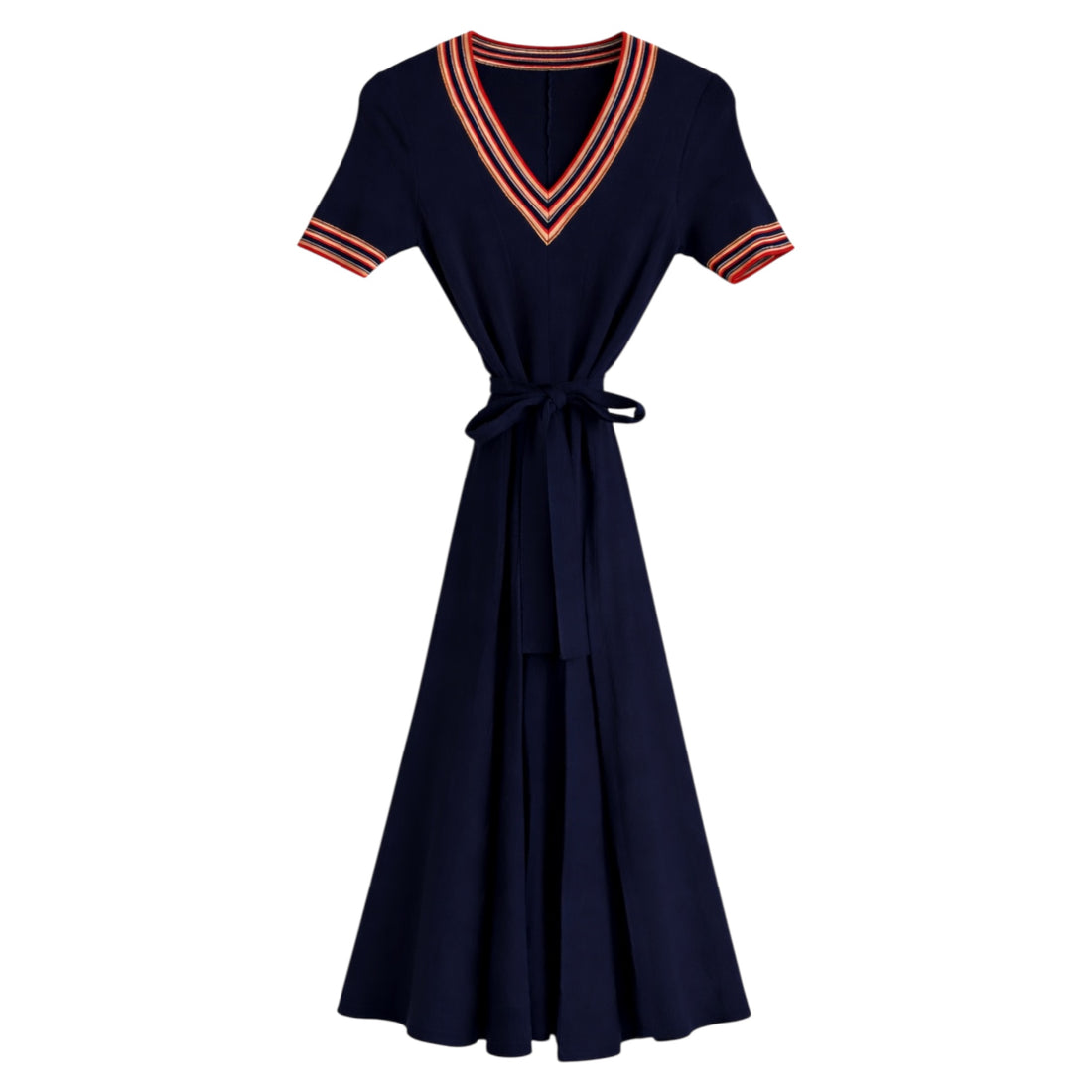 Vintage Royal Blue Knit Dress  Stripe Collar & Belted Waist