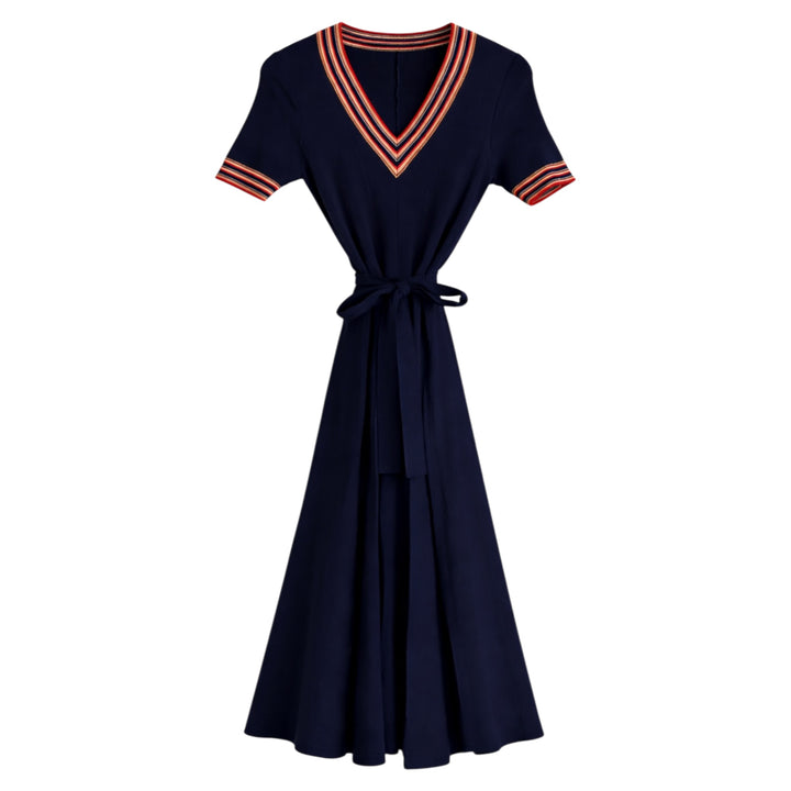 Vintage Royal Blue Knit Dress  Stripe Collar & Belted Waist