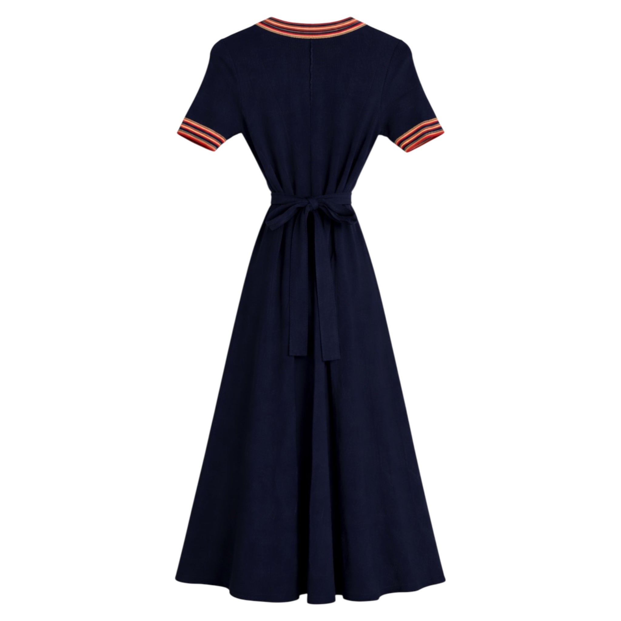 Vintage Royal Blue Knit Dress  Stripe Collar & Belted Waist