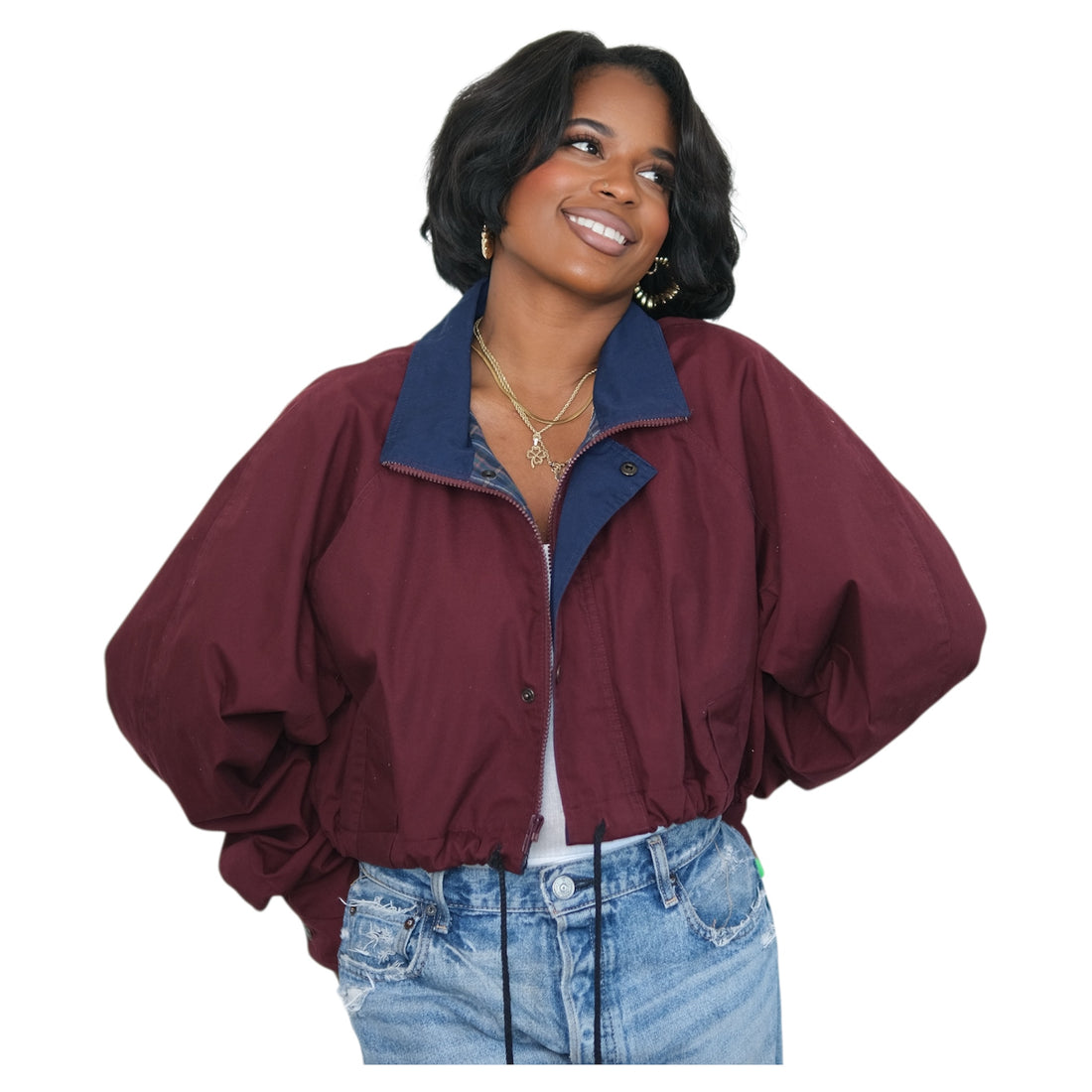 Vintage Merlot + Midnight Upcycled Drawstring Crop Jacket