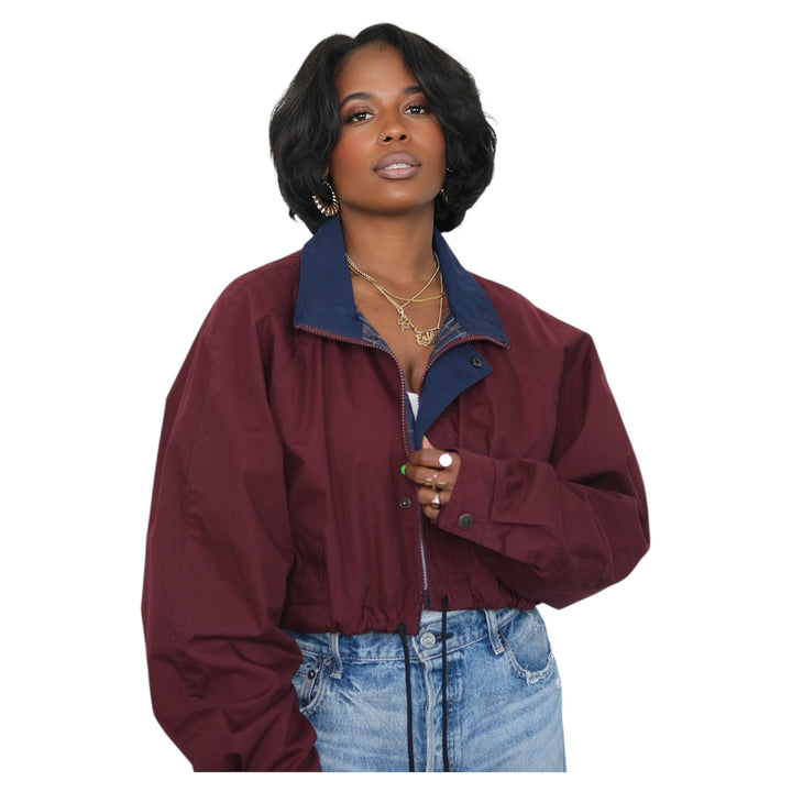 Vintage Merlot + Midnight Upcycled Drawstring Crop Jacket