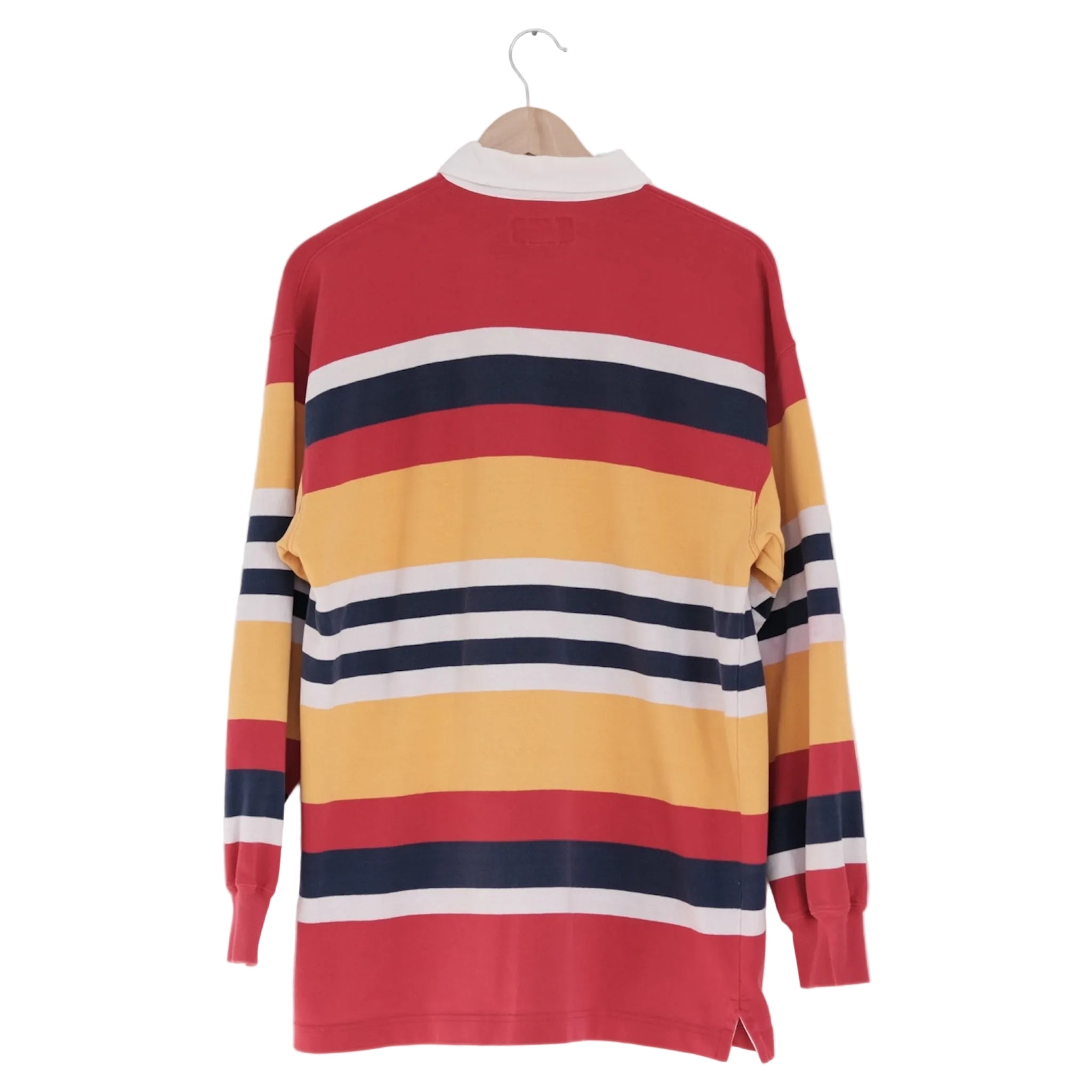 back view of striped rugby shirt showing full tunic length