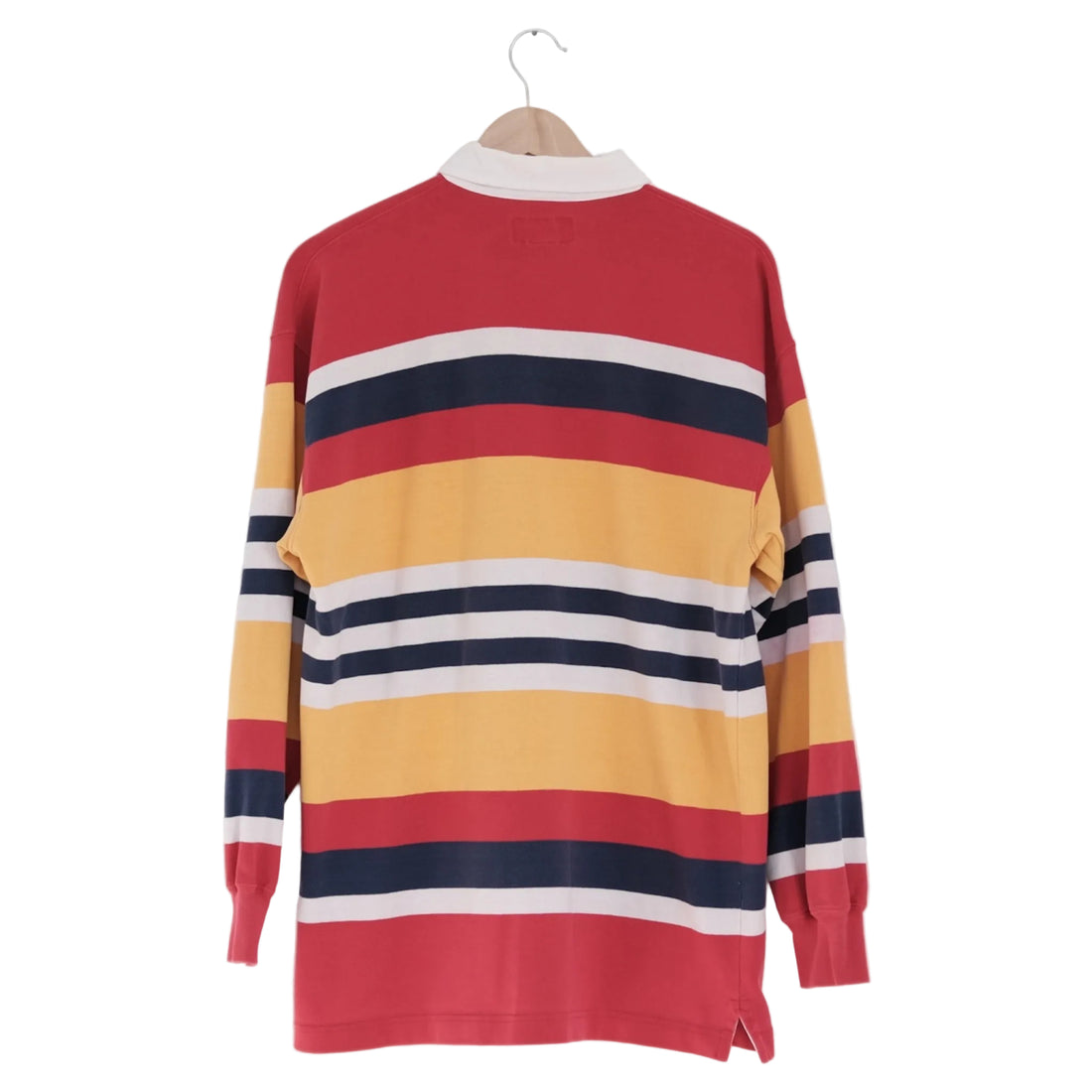 back view of striped rugby shirt showing full tunic length