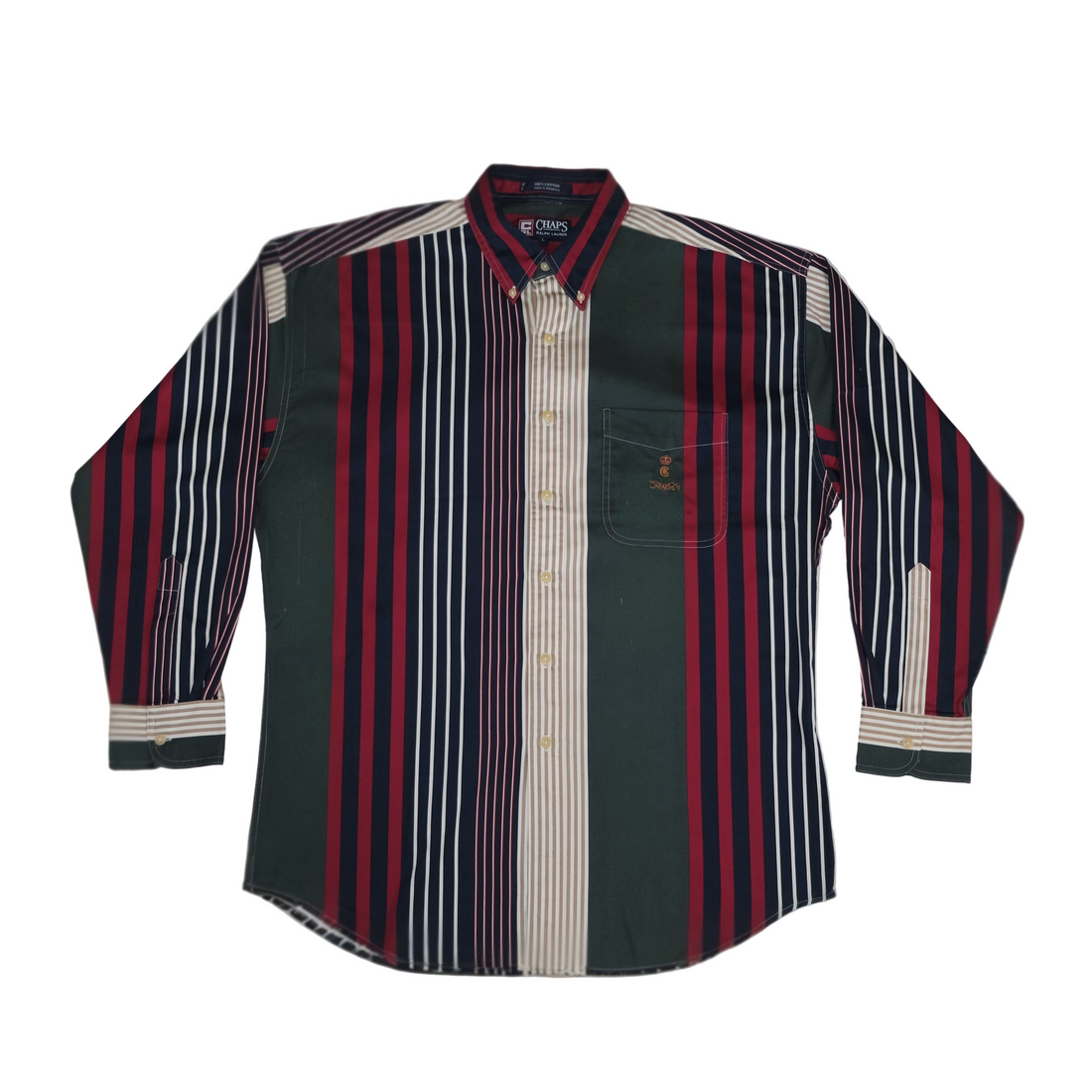 Striped shirt with green base color on a plain background