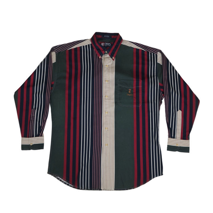 Striped shirt with green base color on a plain background