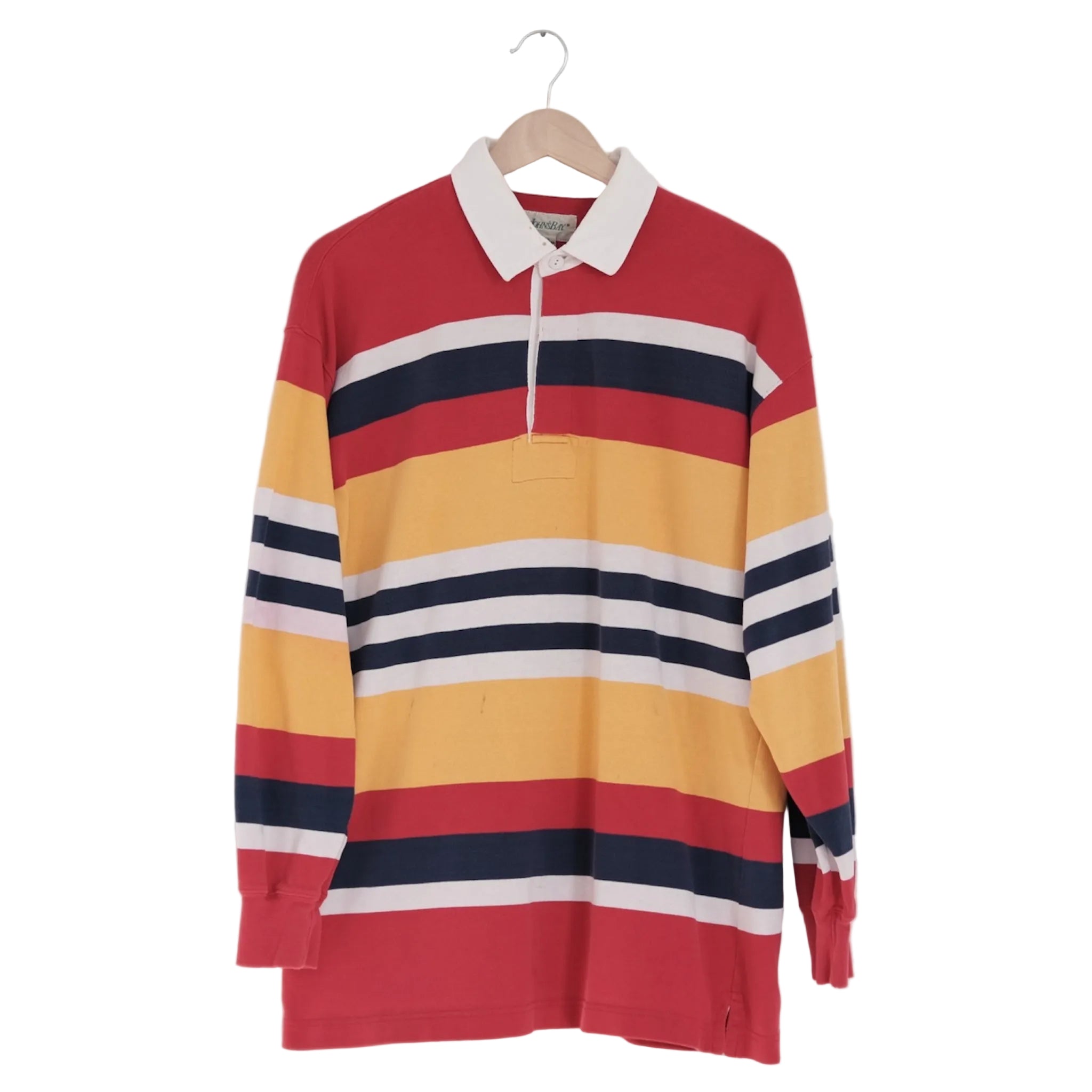 striped rugby in red, butter yellow, midnight navy and shell cream, on a wood hanger