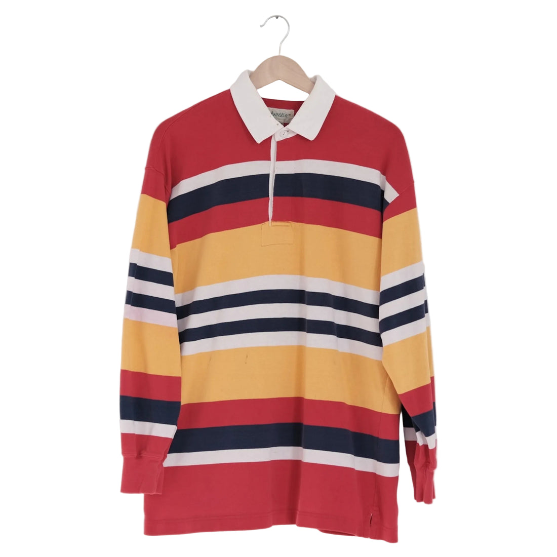 striped rugby in red, butter yellow, midnight navy and shell cream, on a wood hanger