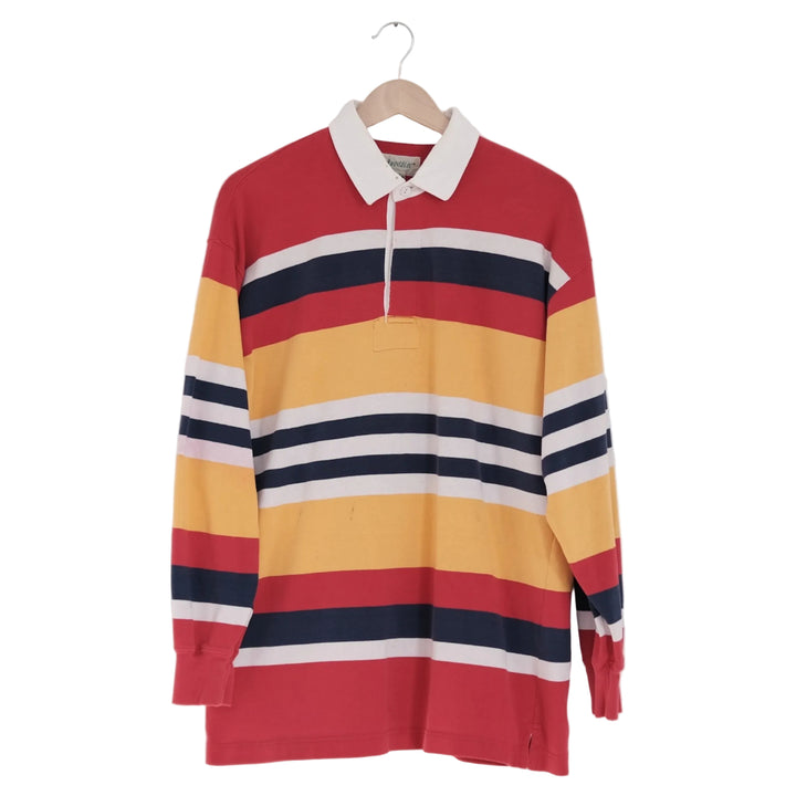 striped rugby in red, butter yellow, midnight navy and shell cream, on a wood hanger