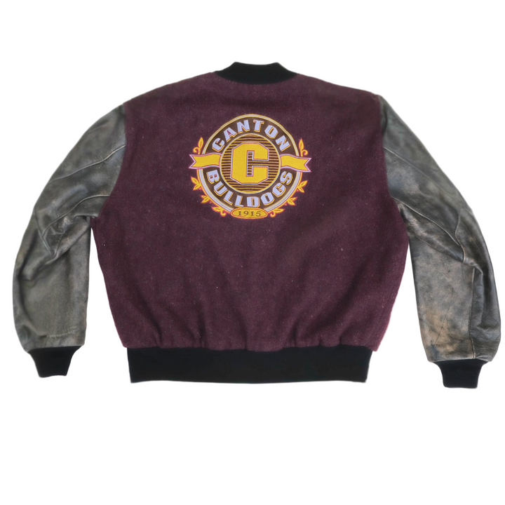 Varsity jacket with 'Canton Bulldogs' logo on a white background