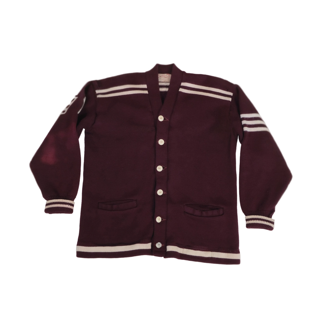 Maroon varsity jacket with white stripes on a light gray background