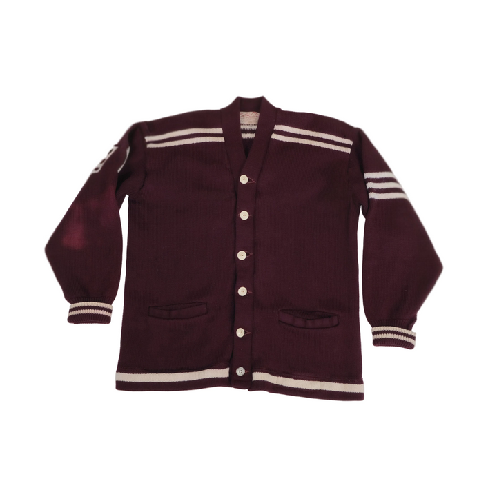 Maroon varsity jacket with white stripes on a light gray background