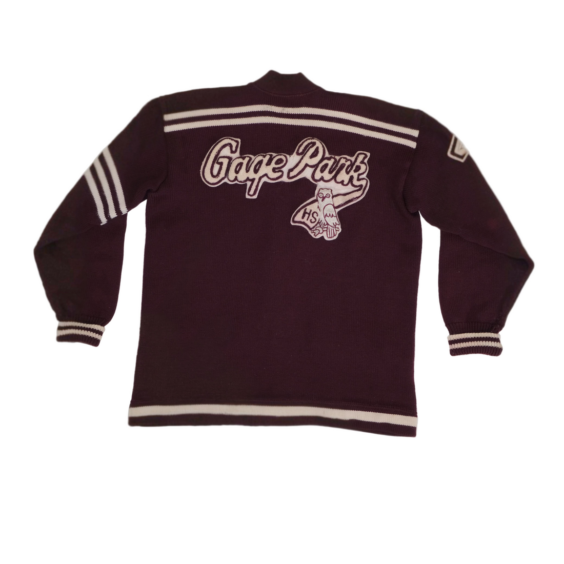 Maroon varsity jacket with 'Gage Park HS' text on a white background