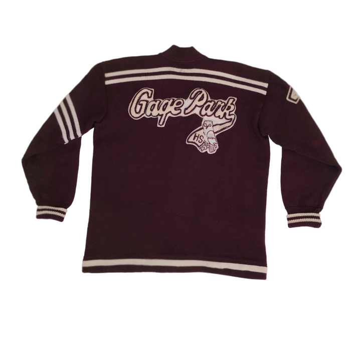 Maroon varsity jacket with 'Gage Park HS' text on a white background