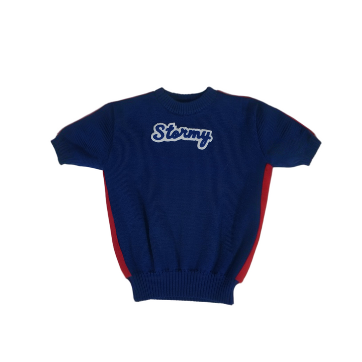 Blue sweater with 'Stormy' text on a plain background