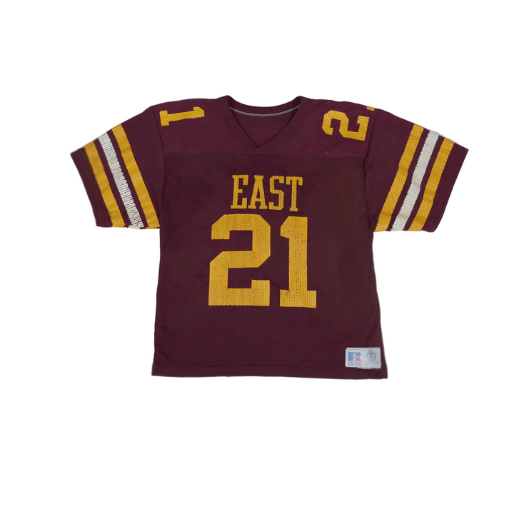 Maroon football jersey with yellow and white accents, displaying 'East' and number '21', on a light gray background.