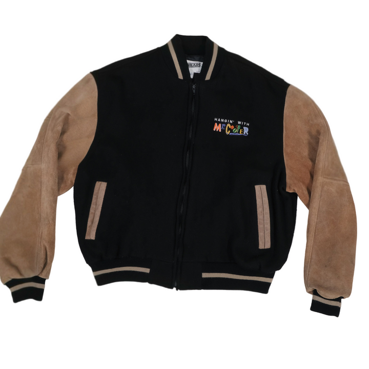 Black and brown varsity jacket with a logo on a white background