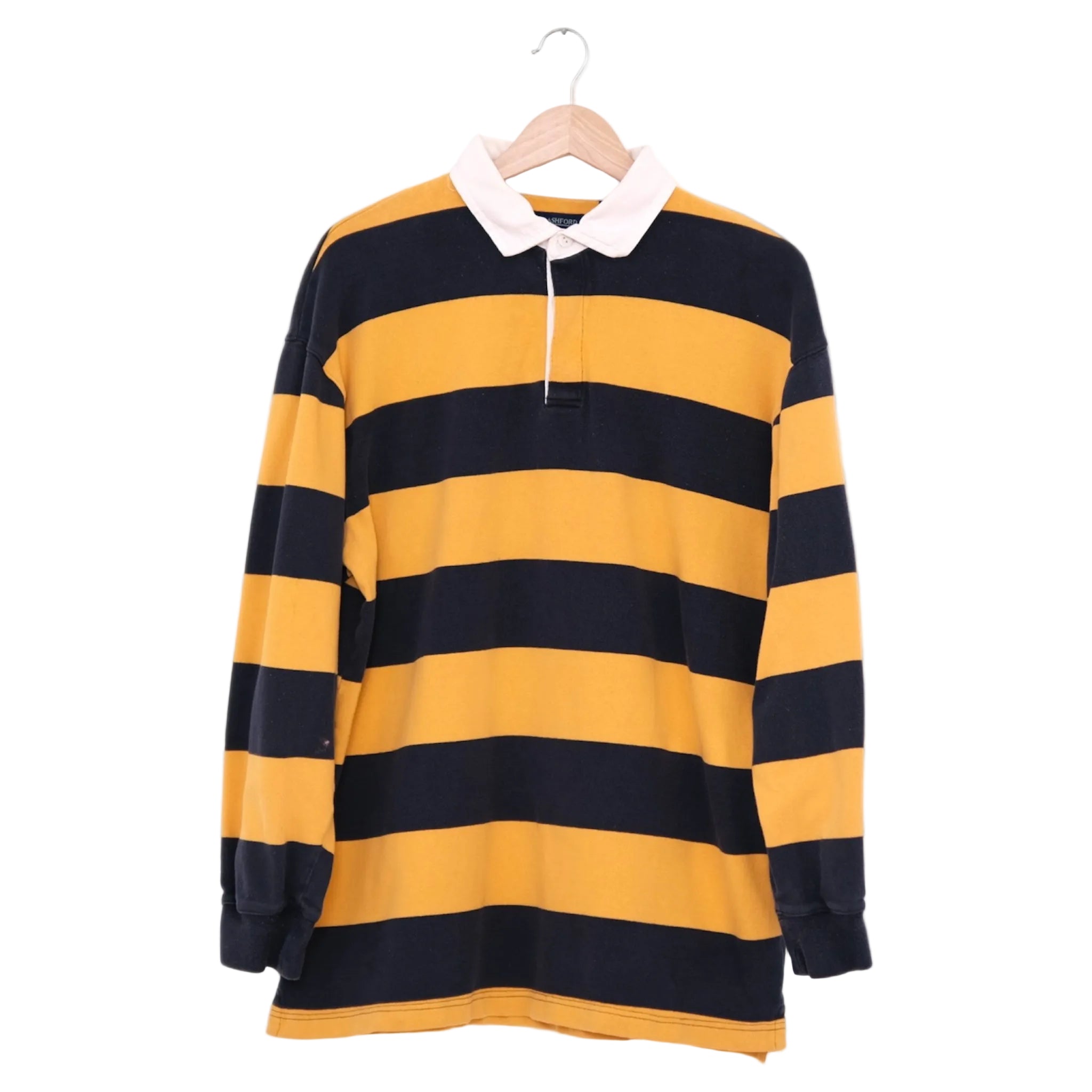 long-line rugby in navy and gold block stripes with shell contrast collar, on a wood hanger