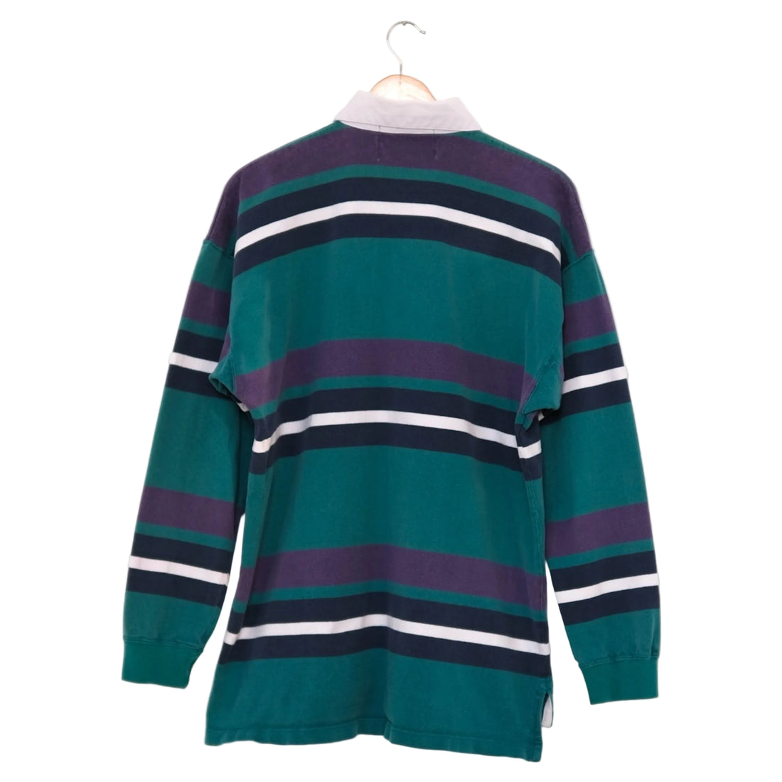 back view of 90s multi-stripe rugby shirt