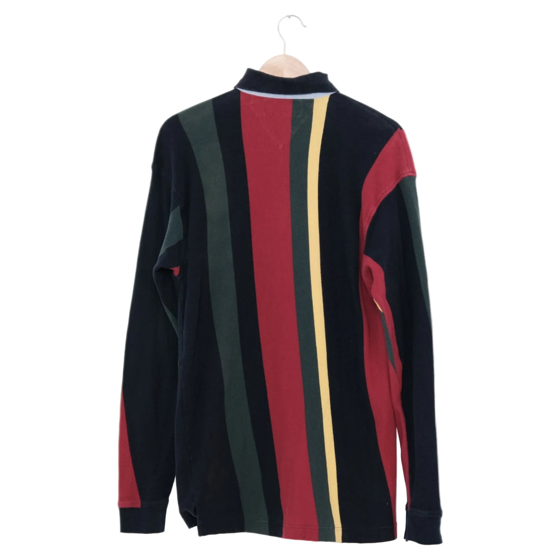 back view of vertical stripe long-sleeve polo