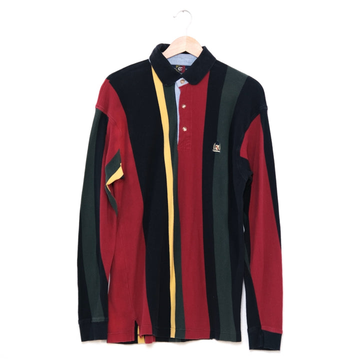 vertical stripe long-sleeve polo in barn red, midnight, forest and butter with rugby collar, on a wood hanger