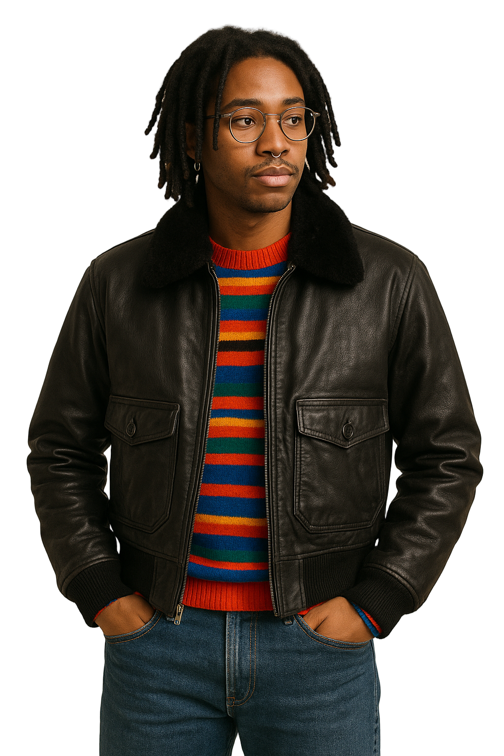 Man wearing a aviator style black leather jacket over a colorful striped sweater on a beige background